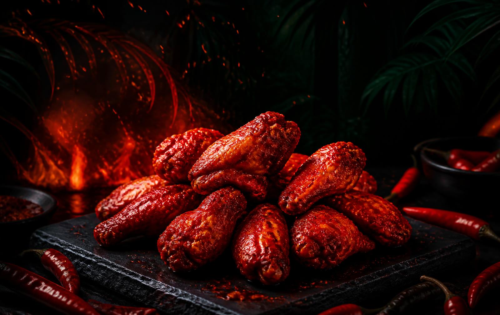 Fiery chicken wings with chilli peppers against a dark jungle backdrop